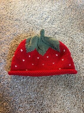 Strawberry Knit Beanie with Green Leaf Top ~18/24 Months LIKE NEW